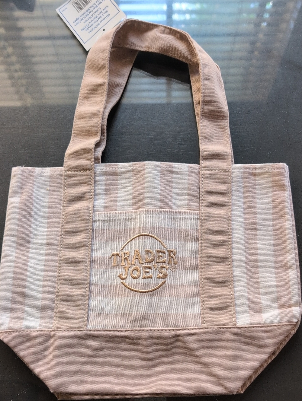 Trade Joe's Tan Stripe Canvas Mini Tote Bag 13.25" × 10.25" NWT